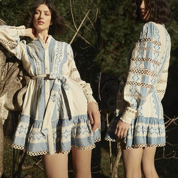 NEW Hemant & Nandita Long Sleeve Tie Waist Pehr Mini Dress Cotton Size: Large - Picture 1 of 12